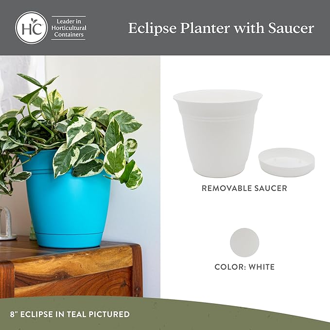 The HC Companies 20 Inch Eclipse Round Planter Pots with Drainage Holes & Attached Saucer, Lightweight UV-Resistant Plastic Indoor & Outdoor Planters, 2-Pack Flower Pots for Garden & Home Decor, White