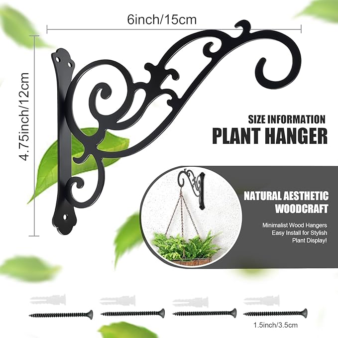 Hanging Planter Hooks 6-Inch 2 Pcs,Outdoor Hanging Brackets Wall Hook Heavy Duty Brackets,Black Iron Planters Hook Indoor/Outdoor Planter Hanger Brackets