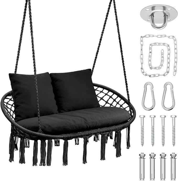 Magshion Double Hammock Swing Chair with 3 Cushions, 700 lbs Capacity, Macrame Hanging Bench for Indoor & Outdoor Use, Cotton Woven Mesh Porch Hanging Rope Swing, Black