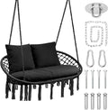 Magshion Double Hammock Swing Chair with 3 Cushions, 700 lbs Capacity, Macrame Hanging Bench for Indoor & Outdoor Use, Cotton Woven Mesh Porch Hanging Rope Swing, Black