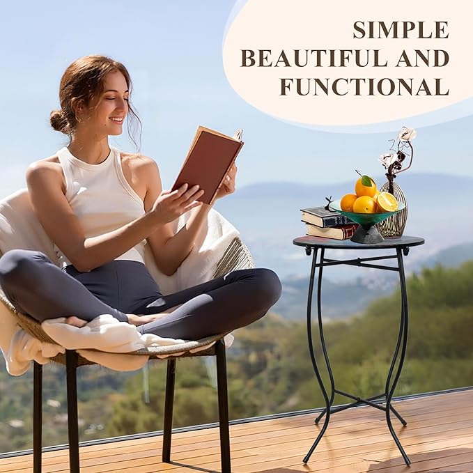 Small Outdoor Table, 21 Inch Heigh Weather Resistant Metal Round Outdoor Indoor End Table Side Table for Patio Yard Porch Balcony Garden Bedside, Easy Assemble