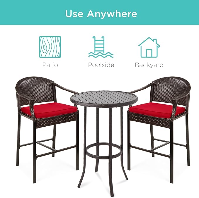 Best Choice Products 3-Piece Patio Bar Table Set, Outdoor Wicker Bar Height Bistro Furniture for Backyard, Poolside, Balcony w/Barstools, Cushions, Steel Frame – Brown/Red