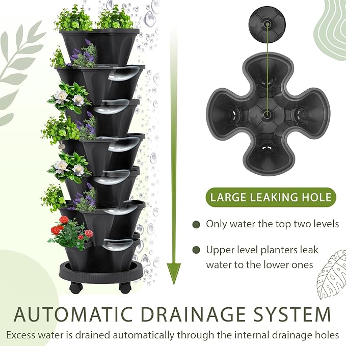Umigy 2 Set of 7 Tier Vertical Planter Stackable Tower Planters Strawberry Herb Flower and Vegetable Pots Indoor Outdoor Gardening Pots with Removable Wheels and Tools(Black)