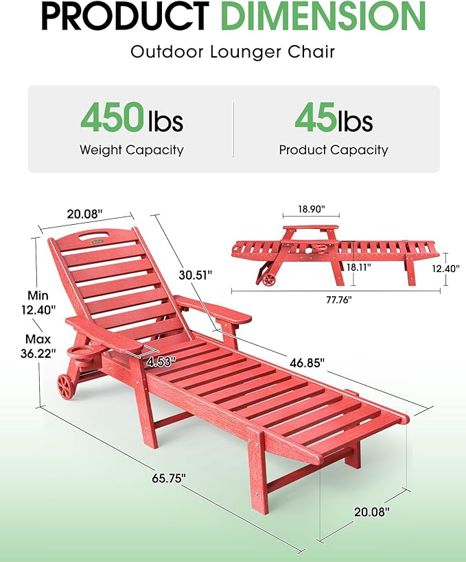 Lounge Chair Outdoor Set of 4 with Wheels, Adjustable 5-Position Chaise Lounge Outdoor, Patio Lounge Chair for Poolside Backyard, Red