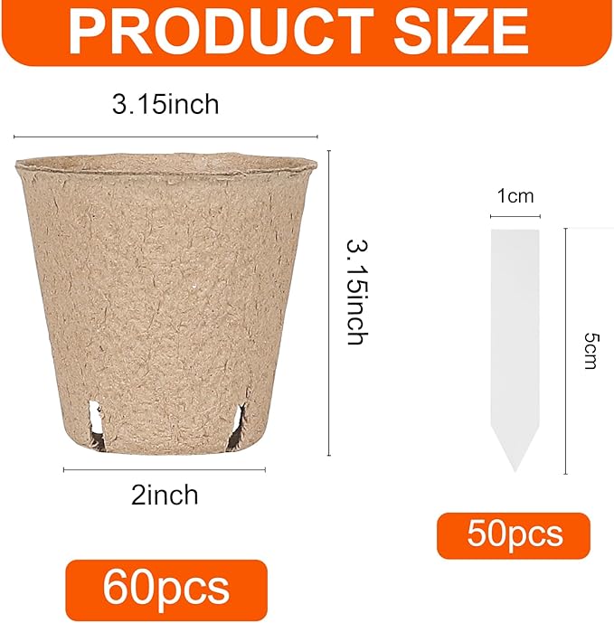 60 Packs 3.15 Inch Peat Pots,Biodegradable Pots for Seedlings with Drainage Holes, Garden Germination Nursery Pots with 50Pcs Plant Labels