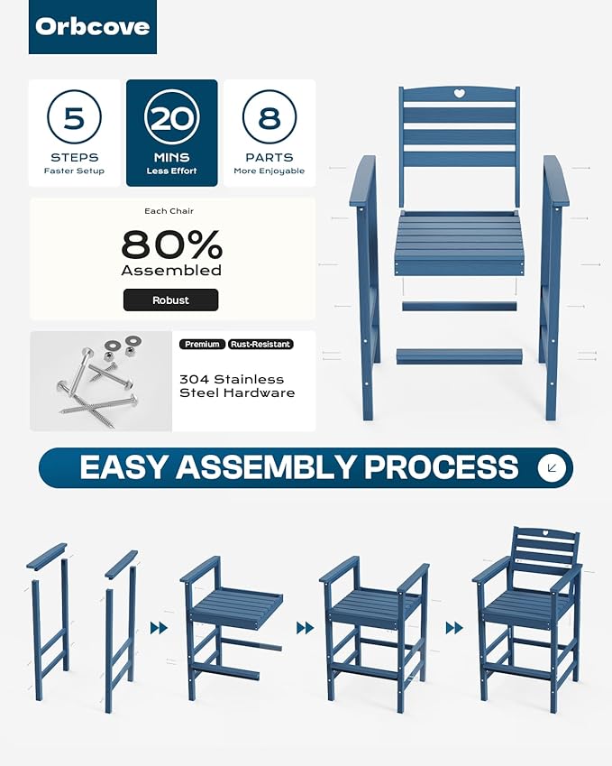 Patio Bar Table,Adirondack Chairs and Table 2 Pieces Set, Bar Height Chairs Set of 2, Outdoor Bar Stools Set,Weather-Resistant Outdoor Furniture for Deck, Balcony, Poolside Easy Assembly
