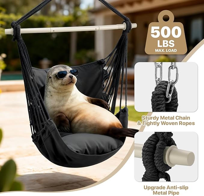 MoNiBloom Hammock Chair Hanging Rope Swing w/2 Cushions, Boho Macrame Hanging Chair Max 350 lbs Capacity w Pocket, Hardware Kit Included, Black