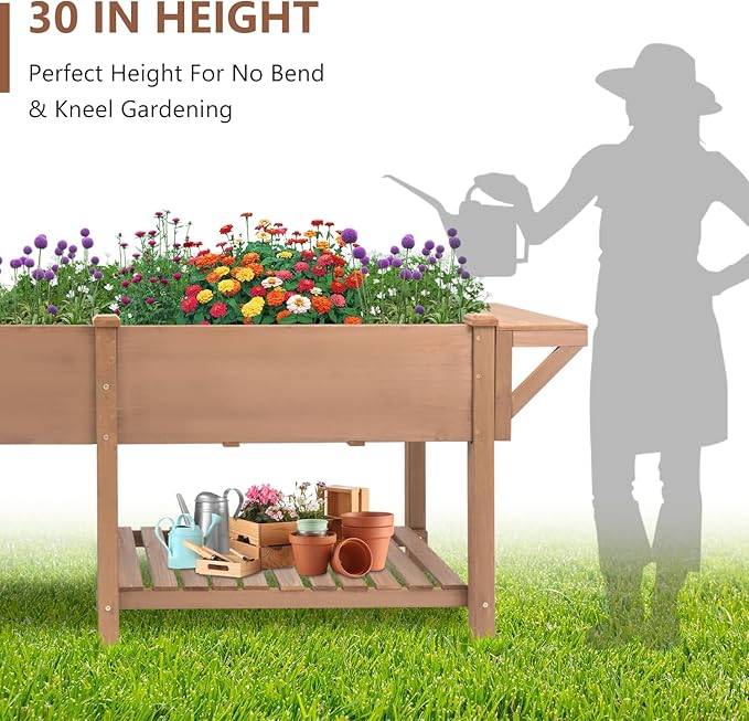 Raised Garden Bed with Legs Outdoor,Elevated Garden Box,Storage Shelf, Protective Liner for Backyard,Patio,Balcony,80x23x30in (Brown)