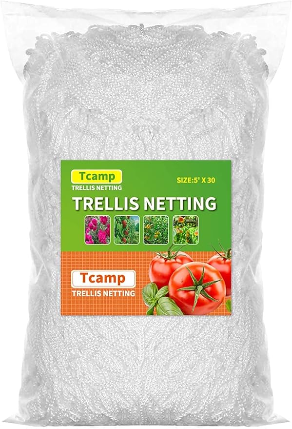 Tcamp Heavy-Duty Polyester Garden Trellis Net Plant Support Netting for Climbing Plants Outdoor, Flexible String Net for Bean Pea, White Grow Tent (5Ft x 30Ft, 3.5" Opening Mesh, 1 Pack)