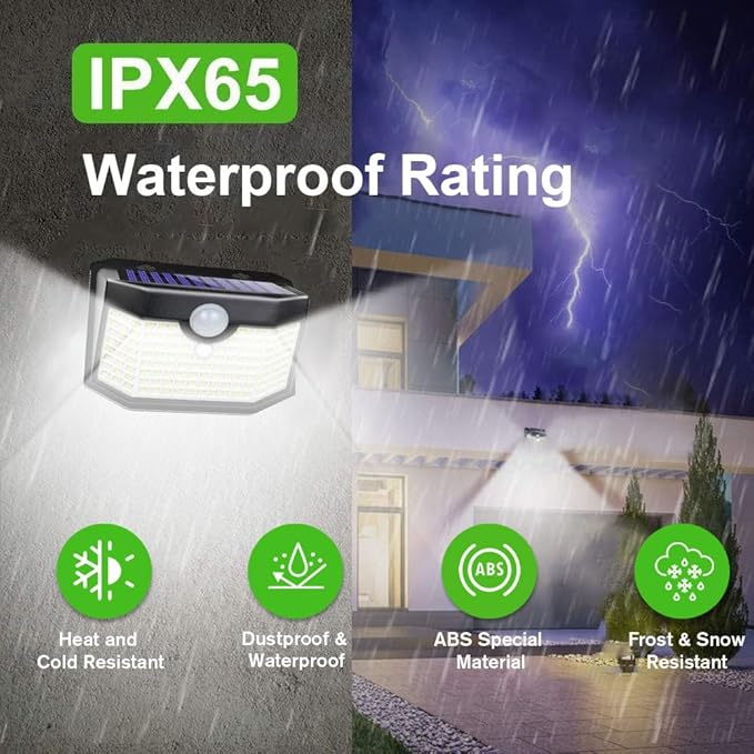 HMCITY 120 LED Outdoor Solar Lights with Motion Sensor and 3 Lighting Modes, IP65 Waterproof Wide Solar Wall Lights Ideal for Garden Patio Yard (Front Button 8Packs, Black Shell-Daylight White)