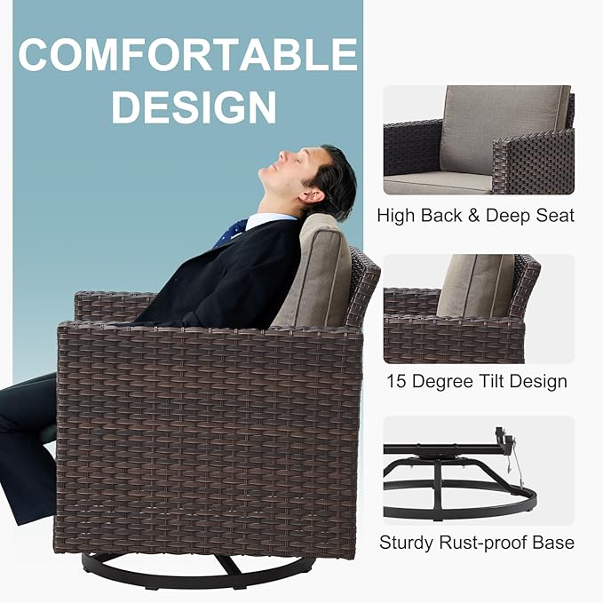 Belord 7 Pieces Patio Furniture Set with Fire Pit Table: Wicker Patio Conversation Set with Outdoor Swivel Glider Rocker Patio Couch Metal Side Table, All Weather Brown Rattan