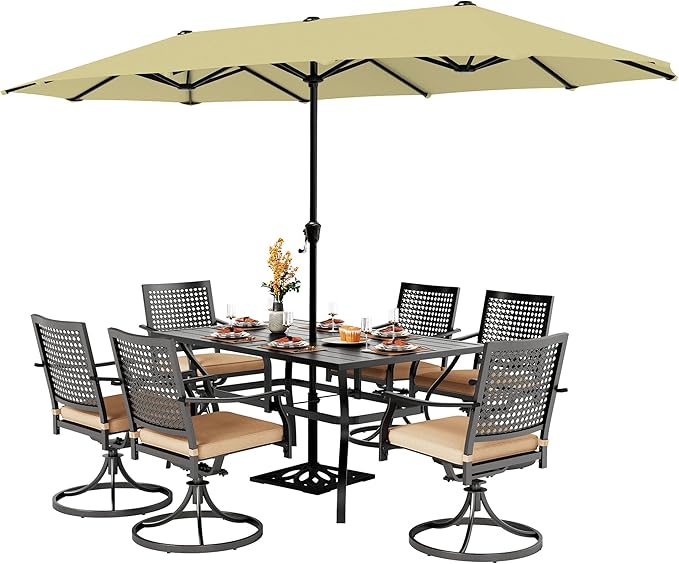 PHI VILLA 7 Pieces Outdoor Dining Set for 6 with Umbrella, 60" Long Metal Table & Swivel Iron Chairs with Cushions & 13ft Beige Umbrella, Modern Steel Furniture Set for Patio, Deck, Yard, Porch