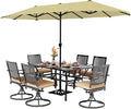 PHI VILLA 7 Pieces Outdoor Dining Set for 6 with Umbrella, 60" Long Metal Table & Swivel Iron Chairs with Cushions & 13ft Beige Umbrella, Modern Steel Furniture Set for Patio, Deck, Yard, Porch