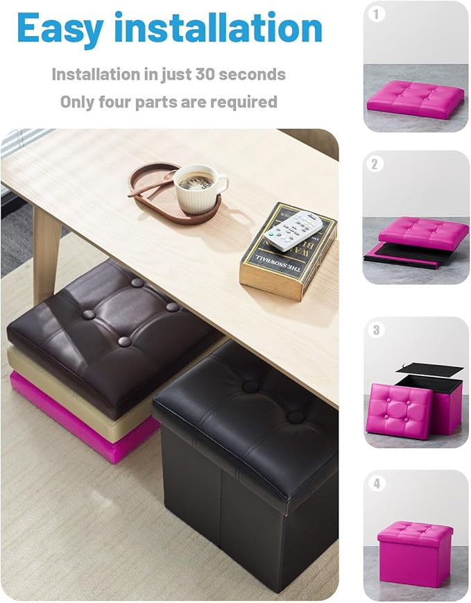 AmasSmile Storage Ottoman Folding Foot Rest Stool, Leather Footstool Bench, Short Ottoman Stool, Storage Foot Rest Store, Books (Rose, 17" D x 13" W x 13" H)