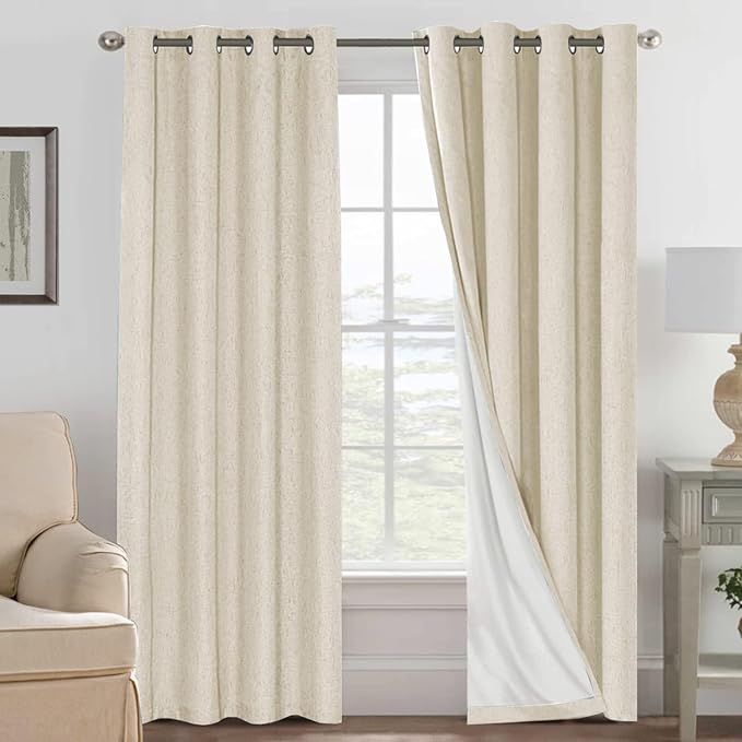 H.VERSAILTEX Linen Curtains 100% Blackout Curtains for Bedroom 102 inch Long Full Light Blocking Nature Linen Blended Window Curtains for Living Room Nickel Grommet (2 Panels, Bleached Sand)