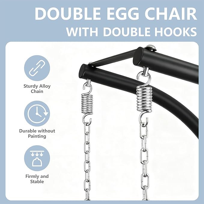 SWITTE Double Egg Swing Chair with Stand, Outdoor Patio 2 Person Hanging Wicker Hammock Chairs with Cushion for Indoor Bedroom, Lawn, Garden-Dark Grey