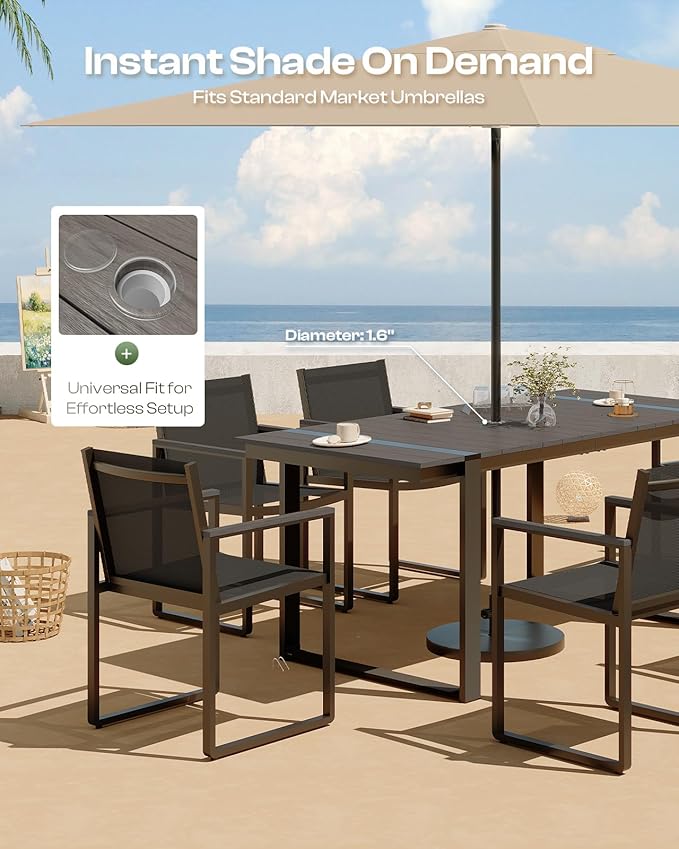 Outdoor Dining Set, HDPS + Aluminum Patio Table and Chairs Set with U-Shaped Base, 7 Piece Outdoor Furniture Set with Umbrella Hole, Patio Dining Table Set for Garden, Backyard (Charcoal)