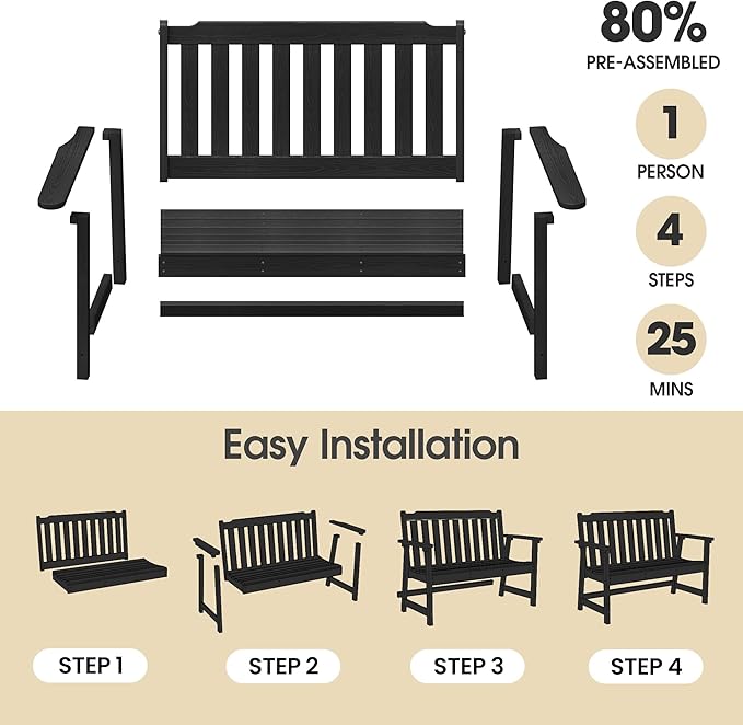 Ciokea 49" Heavy Duty Outdoor Bench, HDPE Weatherproof Porch Benches, Durable 2-Person Garden Benches with 660 Lbs, Waterproof Patio Bench for Outside Balcony Deck Backyard, Black