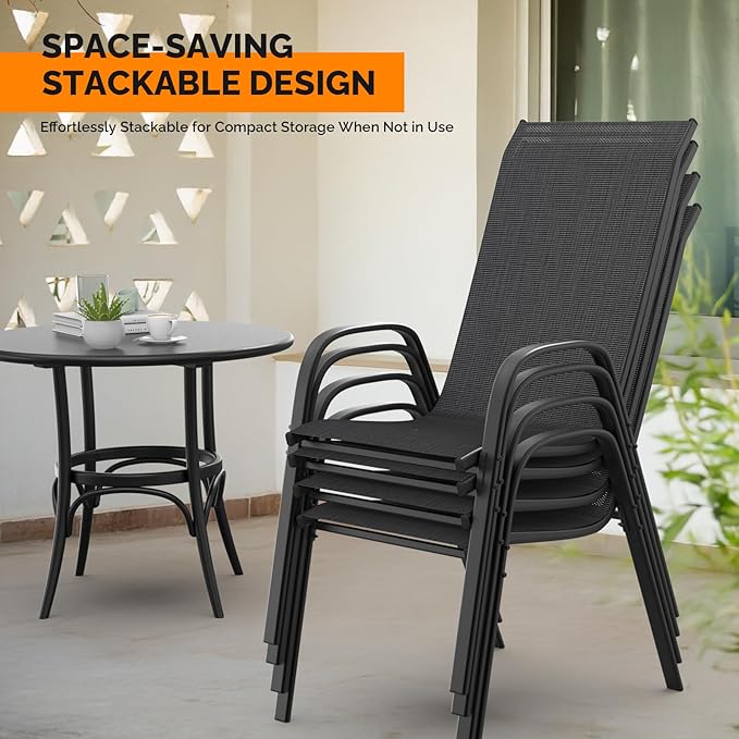 VINGLI Patio Chairs Set of 8 – Stackable Outdoor Dining Chairs with Comfortable Sling High Back Chairs and Armrests for Lawn, Poolside, Courtyard, Balcony, Garden, Black