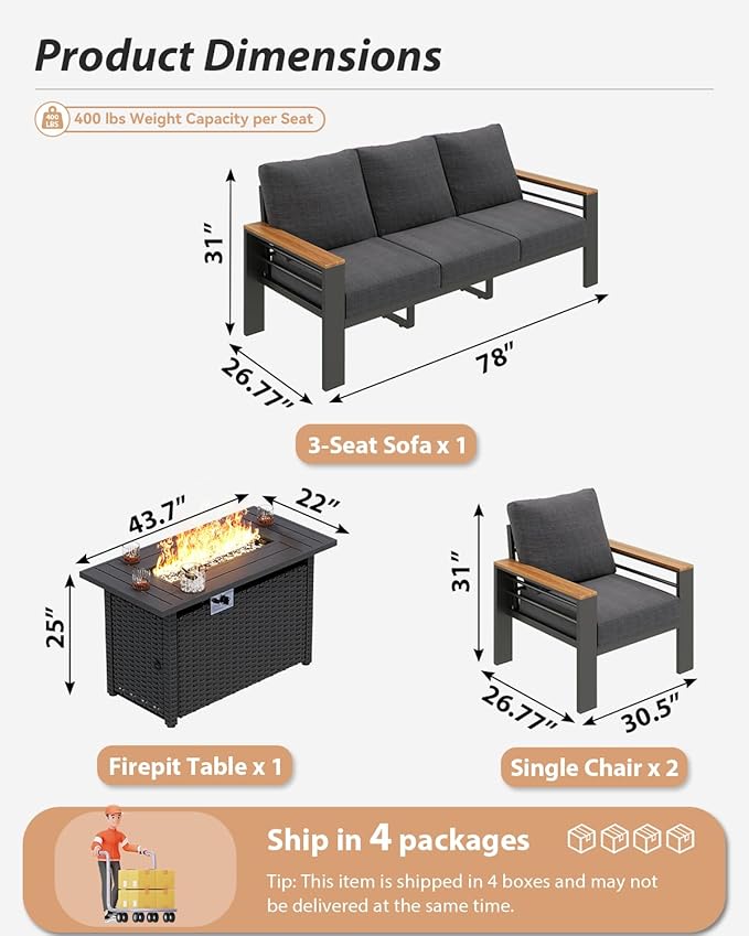 Aoxun Aluminum Outdoor Patio Furniture Set, 6-Piece Outdoor Sectional with 44'' Propane Gas Firepit Table, Patio Conversation Sets with Upgraded Armrests and Cushions for Backyard (Dark Grey,5 Seats)