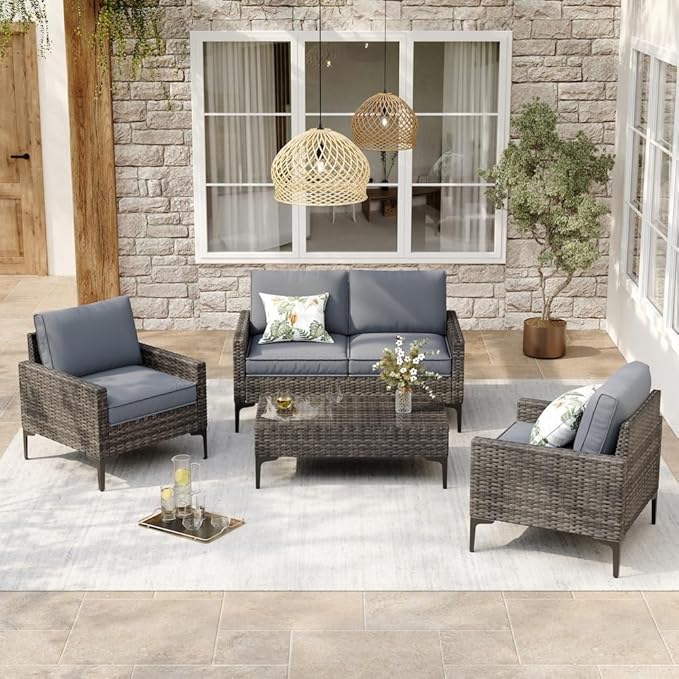 4-Piece Patio Furniture Set,Outdoor Wicker Patio Conversation Set with Tempered Glass Table,All-Weather Rattan Sectional Loveseat&Chairs with Thick Cushions for Garden,Deck,Backyard-Grey