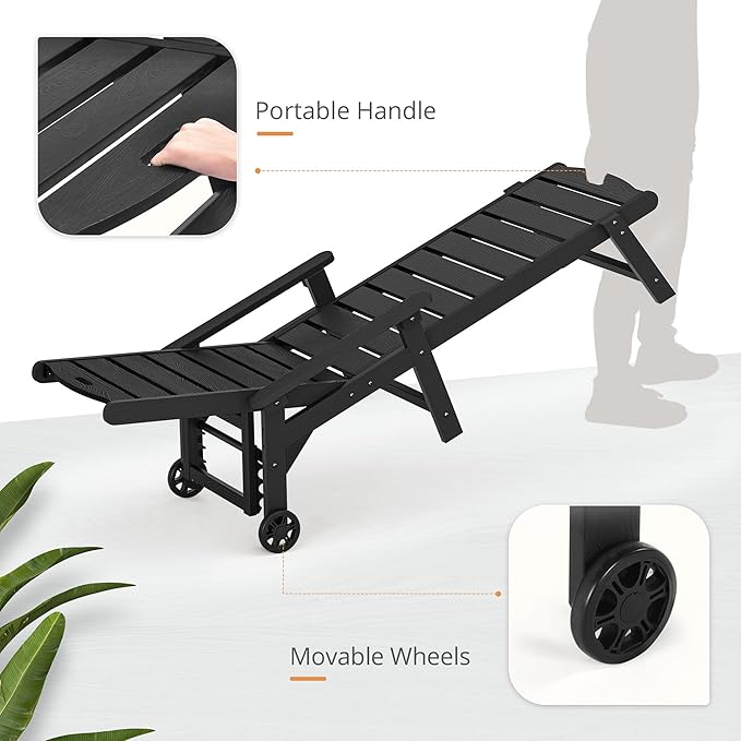 LUE BONA Outdoor Chaise Lounge Chairs Set of 4, HDPS Chaise Lounger, 5 Positions Adjustable Lounge Chairs, Pool Lounge Chair with Wheels for Poolside, Black