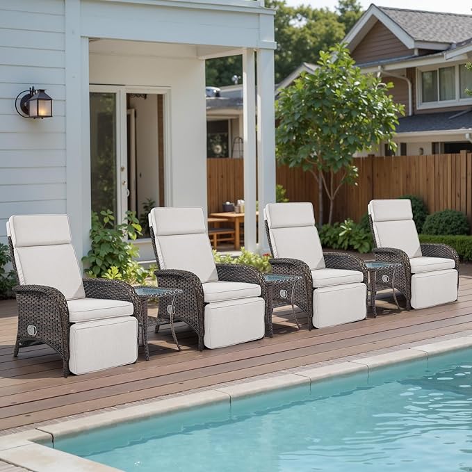 Belord 7 Piece Wicker Patio Furniture Set - 4 Adjustable Outdoor Recliner Chairs with 3 Side Table Patio Conversation Set,155° Lay Flat Chaise Lounge Chair Outdoor for Pool Deck Brown