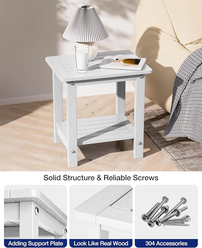 YEFU Outdoor Side Table for Patio: 16" HIPS Weather - Resistant Adirondack Tables Set of 2 - Small Square End Tables for Backyard Pool Porch Balcony - Indoor Outdoor Double Layer Table White