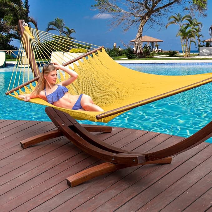 Lazy Daze Hammocks 10.5 FT Double 2 Person Caribbean Rope Hammock, Hand Woven Polyester Hammock with Spreader Bars, for Outside Outdoor Backyard Patio Poolside, 450 LBS Capacity, Yellow