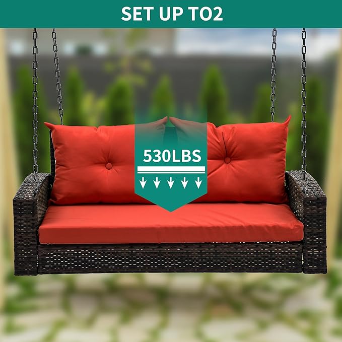 YITAHOME Wicker Hanging Porch Swing Chair Outdoor Brown Rattan Patio Swing Lounge w/ 2 Back Cushions Capacity 530lbs for Garden, Balcony, Living Room, Red