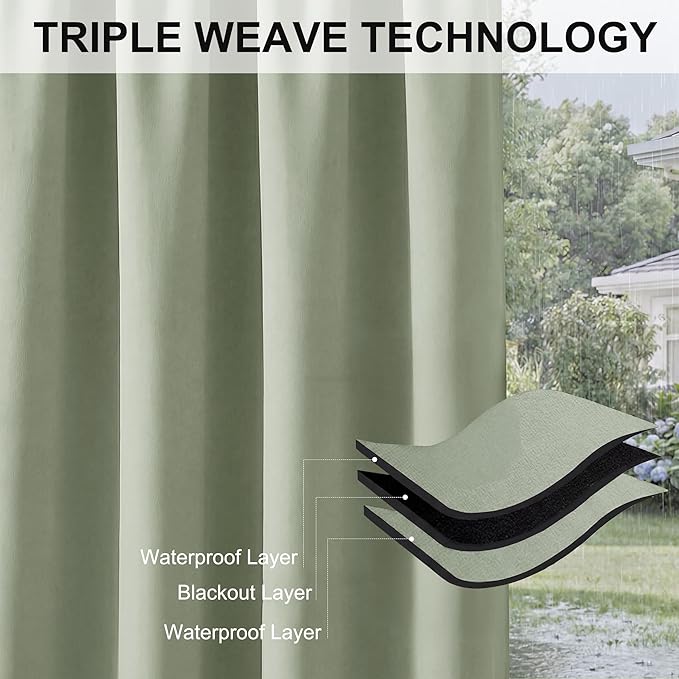 RYB HOME Outdoor Curtains for Patio Waterproof Block Sunlight Thermal Insulated Privacy Assured Thick Outside Curtains for Pergola, Deck, Gazebo, W52 x L90, Sage Green, 1 Panel