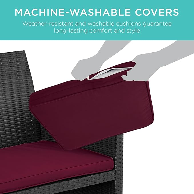 Best Choice Products 4-Piece Outdoor Wicker Patio Conversation Furniture Set for Backyard w/Coffee Table, Seat Cushions - Black/Deep Burgundy