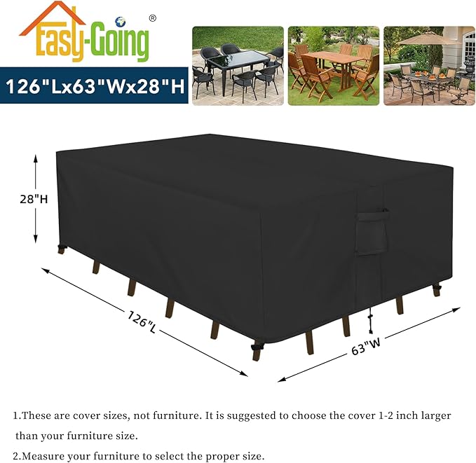 Easy-Going Rectangle Patio Furniture Cover Waterproof Outdoor Dining Table and Chair Cover Anti-UV Outside Sectional Sofa Set Covers (126" L x 63" W x 28" H, Black)