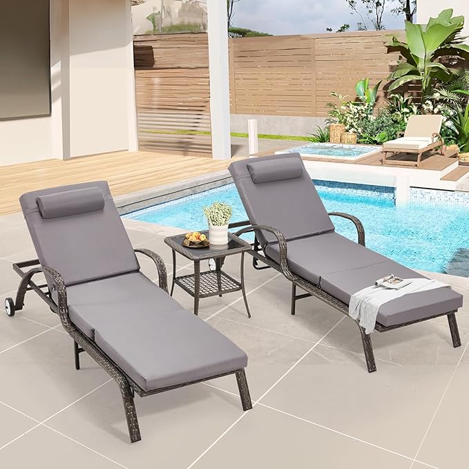 HOMREST Pool Lounge Chairs Set of 3, Outdoor Wicker Chaise Lounge Chair with 5 Adjustable Backrest & Flexible Wheels & Thicken Cushion for Patio Garden and Poolside, Gray