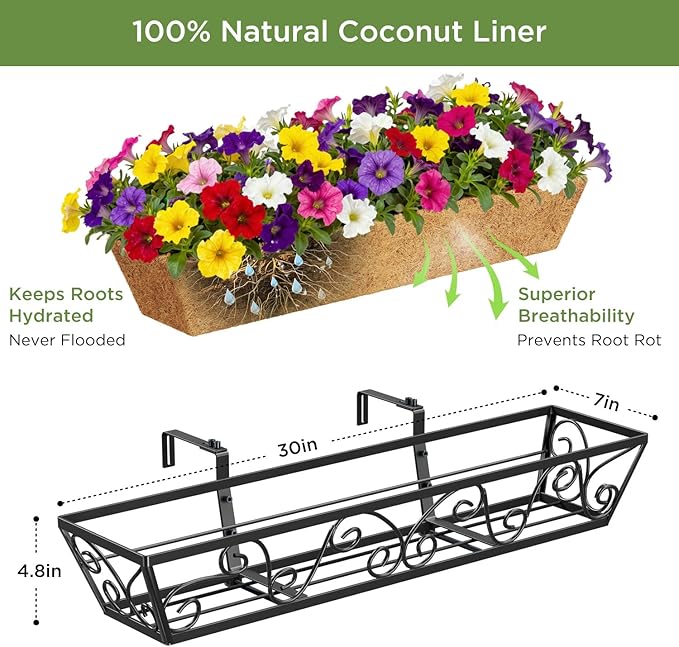 Y&M 30 Inch Butterfly Window Deck with Coco Liner, Fence Metal Hanging Flower Planter Window Basket Deck Railing Planter Boxes for Outdoor Garden Lawn 6pcs