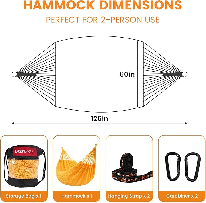 Lazy Daze Hammocks Handwoven Mayan Hammock, 10.5 FT Soft Rope Double Hammocks, Portable Outdoor Hammock with Carry Bag, 2 Straps & Carabiners for Patio Outside, 550 lbs Weight Capacity, Yellow