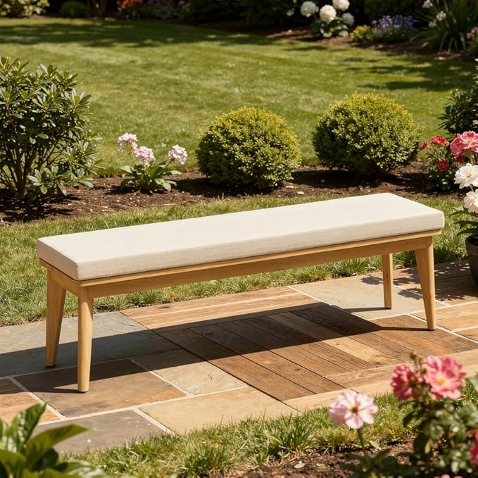 Wisteria Lane Acacia Outdoor Bench with Removable and Washable Cushion, 59" L×15.82" W Porch Bench, All-Weather Solid Wood Outside Chair for Proch Garden, Lawn