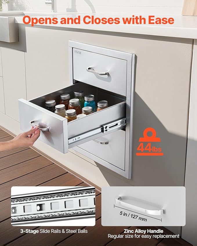 VEVOR Outdoor Kitchen Drawers 18.11" W x 23.23" D x 23.23" H, Triple-Access Stainless Steel Modular Drawer Cabinet with Handles, BBQ Island Drawer for Outdoor Kitchen or BBQ Island Patio Grill Station