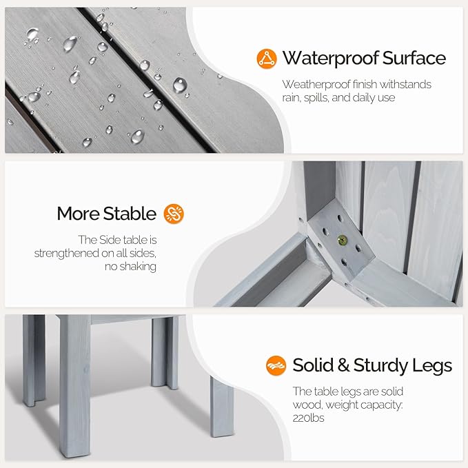 VINGLI Outdoor Wooden Side Table, Square Patio Side Table, Small Outdoor Table for Patio, Backyard, Garden, Poolside, Balcony, Adirondack Conversation End Table (Grey)