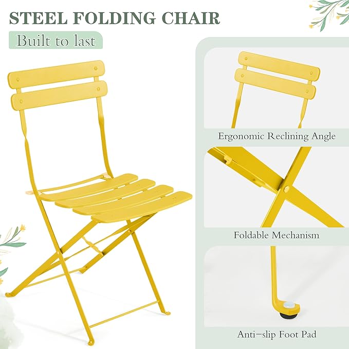 MELLCOM 5-Piece Foldable Patio Dining Set with Rectangular Table and Chairs, Weather-Resistant Iron Outdoor Dining Set for 4 People, Outdoor Table and Chairs for Patio, Yard, Indoor, Yellow