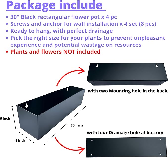 LaLaGreen Wall Planters for Outdoor Plants (30 Inch, 4 Pack) Carbon Steel Black Metal Hanging Flower Pots Outdoor for Succulents, Wall Mount Rectangular Long Window Sill Box Fence Deck Garden Decor