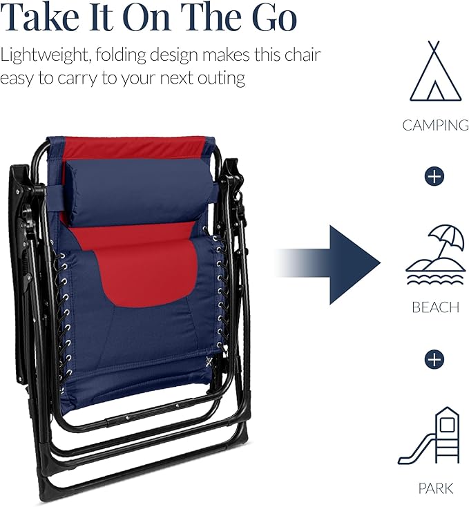 Best Choice Products Oversized Padded Zero Gravity Chair, Folding Outdoor Patio Recliner, XL Anti Gravity Lounger for Backyard w/Headrest, Cup Holder, Side Tray, Polyester Mesh - Navy/Red
