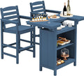 SERWALL Outdoor Bar Table Set (1 Table with 2 Chairs) – HDPE Blue Patio Bar Cabinet with 4-Tier Storage & Spacious Tabletop, Perfect for Outdoor, Poolside, Backyard