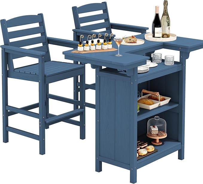 SERWALL Outdoor Bar Table Set (1 Table with 2 Chairs) – HDPE Blue Patio Bar Cabinet with 4-Tier Storage & Spacious Tabletop, Perfect for Outdoor, Poolside, Backyard