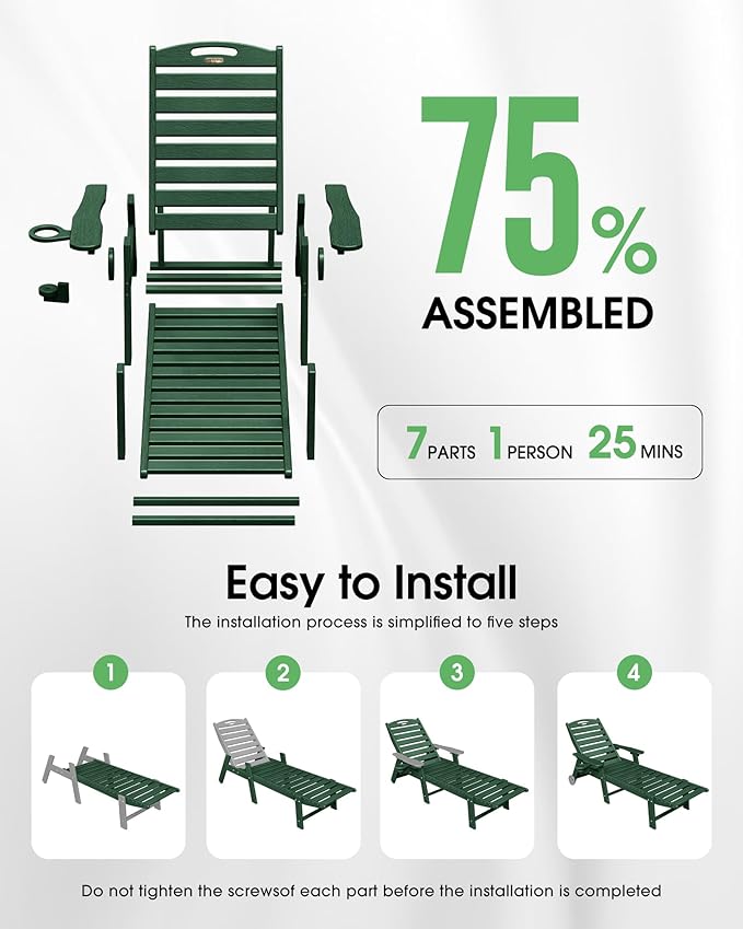 Chaise Lounge Outdoor, Lounge Chair Outdoor with Wood Texture, Adjustable 5-Position Backrest, HDPE Lounge Chair with Wheels & Cup Holder for Pool Deck Backyard, Green