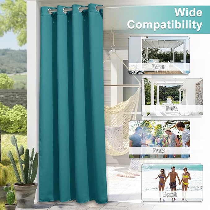 NICETOWN 2 Panels Outdoor Patio Curtains Waterproof 84 inches Long, Rustproof Grommet Gazebo Curtains Thermal Curtains Indoor Outdoor Window Drapes for Porch/Pergola, Peacock Teal, W52 x L84