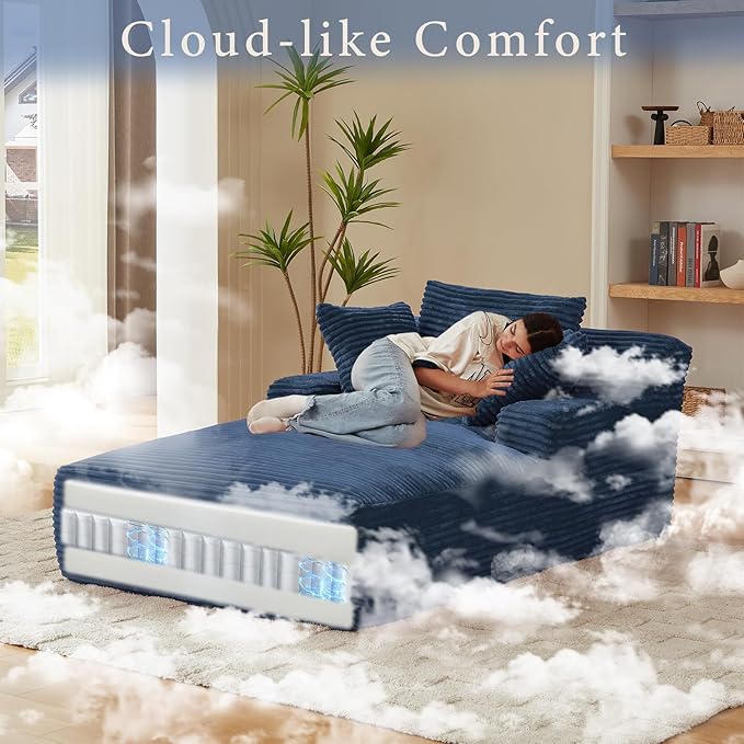 78.7" Chaise Lounge Chair Indoor, Oversized Boneless Couch Comfy Upholstered Sleeper Sofa Bed with 3 Pillows, Corduroy Cloud Reading Chair for Living Room No Assembly Required, Blue
