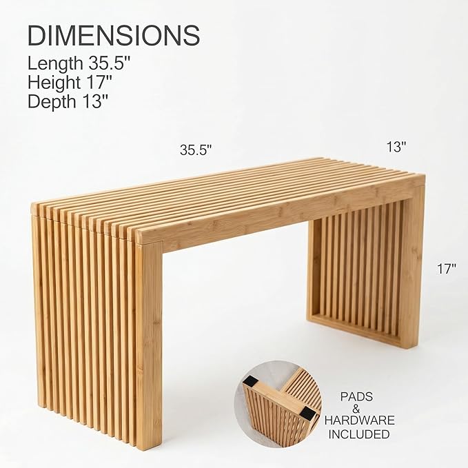Bamboo Natural 36 inch Wooden Bench, Small Wood Benches for Entryway, Living & Dining Room, Kitchen, Bedroom, Bathroom, Hallway, Front Door, For Indoor & Outdoor Patio Use, Mid Century Modern Decor