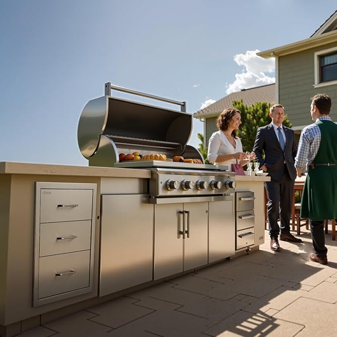 VEVOR Outdoor Kitchen Drawers 18.11" W x 23.23" D x 23.23" H, Triple-Access Stainless Steel Modular Drawer Cabinet with Handles, BBQ Island Drawer for Outdoor Kitchen or BBQ Island Patio Grill Station