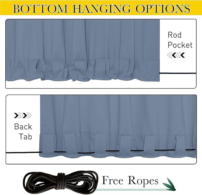 NICETOWN 2 Panels Outdoor Curtains Waterproof Pocket & Back Tab on Top & Bottom, Thermal Insulated Fixed Windproof Outdoor Drapes Privacy for Patio with Rope for Fixed, W52 x L108, Stone Blue